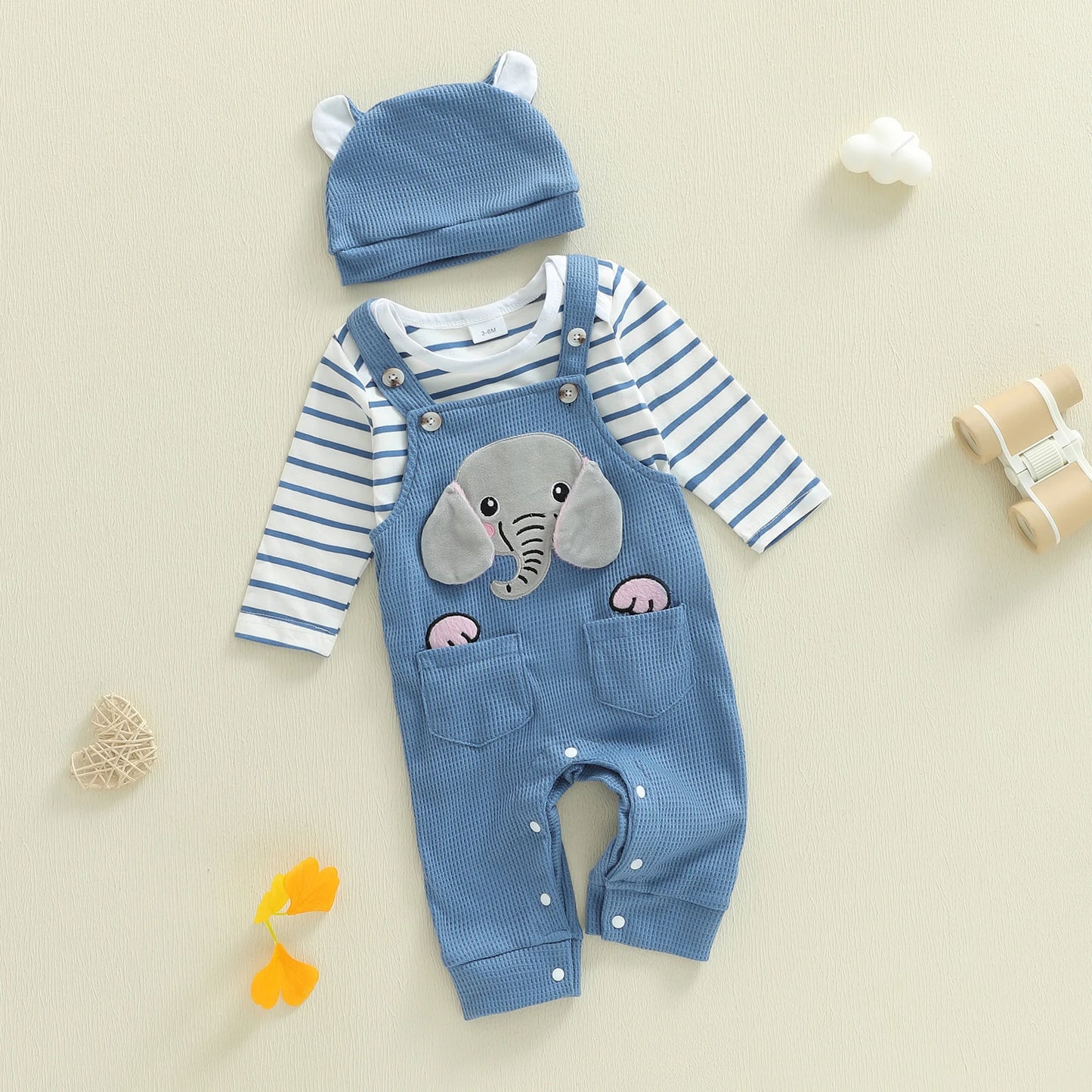 Baby Boys 3-Piece Outfit Set - Striped Romper, Elephant Suspender Pants & Hat