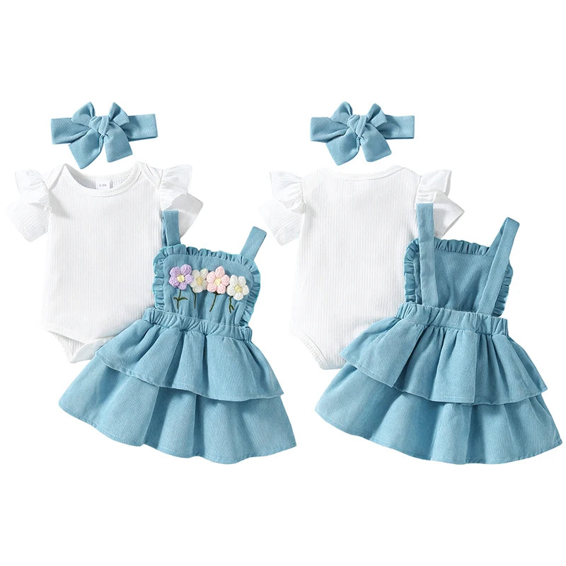 3pcs Baby Girls 0-18M Short Sleeves Ribbed Romper Crochet Flowers Suspender Skirt and Headband