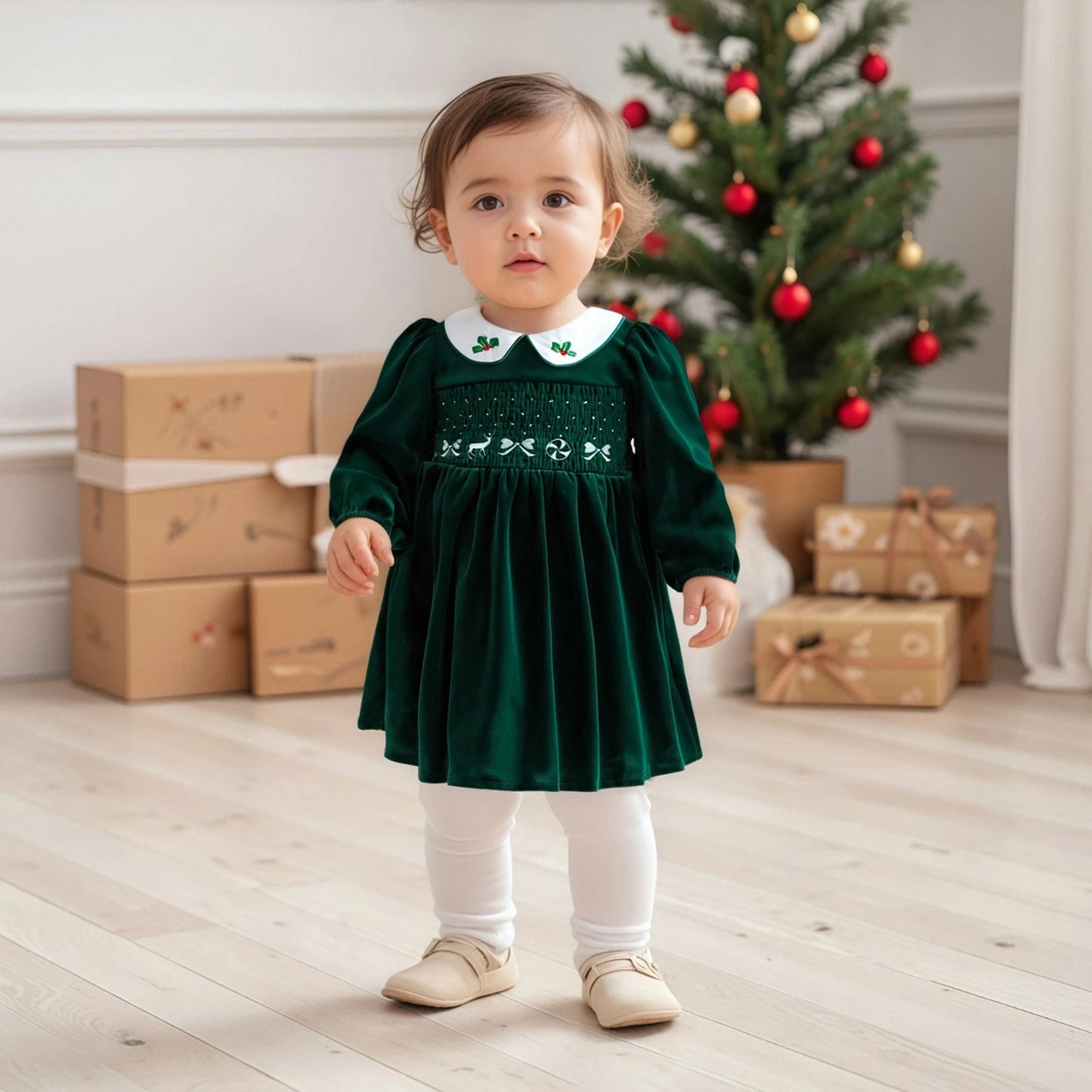 Little Girl's Velvet Christmas Dress - Deer Bow Holly Embroidered Smocked A-Line