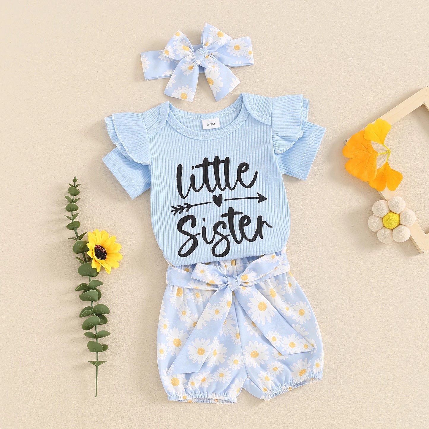 0-24M Baby Girls Summer Clothes Sets 3pcs Letter Print Short Sleeve Romper Sunflowers Shorts with Belt Headband