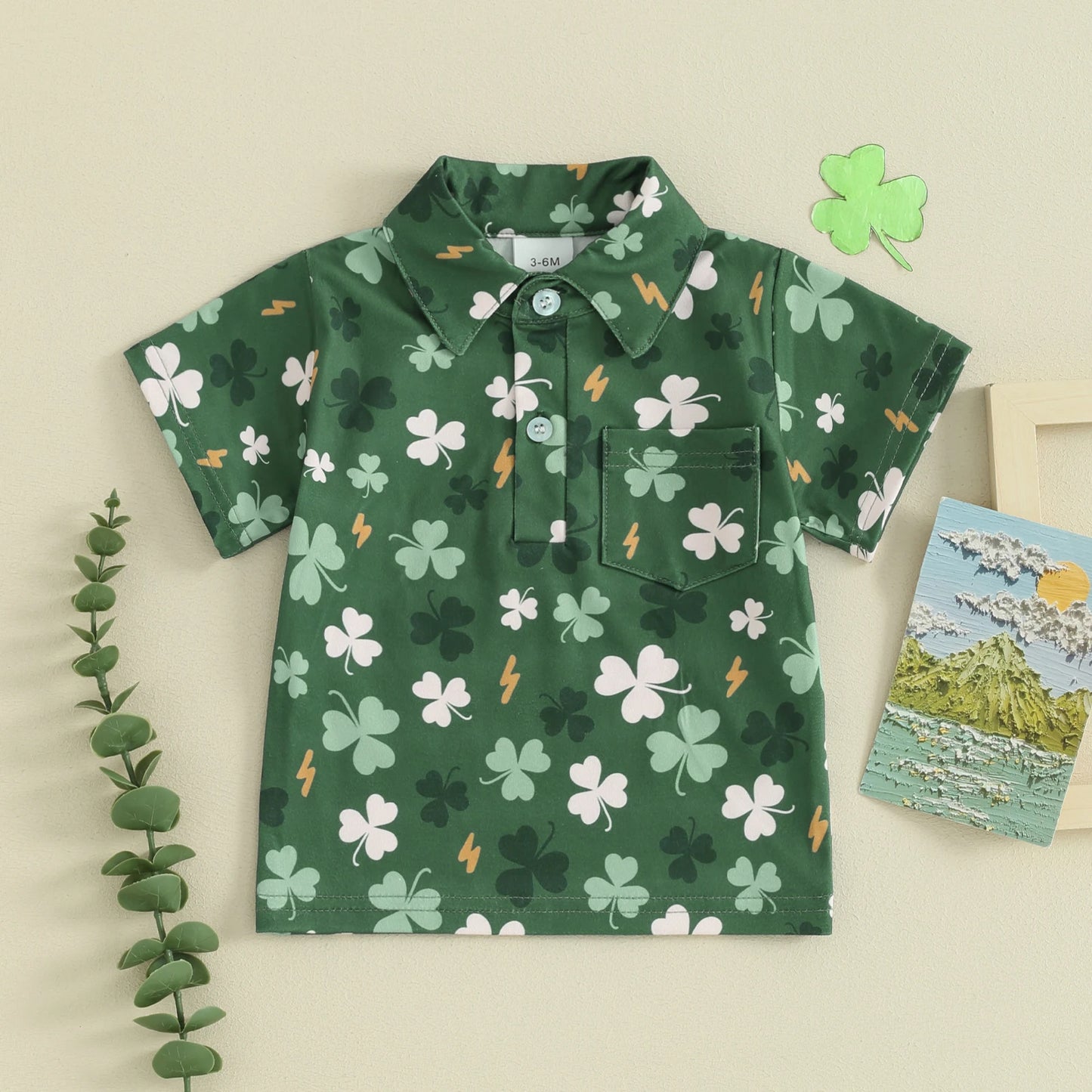 1-6Y Summer Kids Boys Easter T-shirt Short Sleeve Bunny Clover Print Single Breasted Shirt