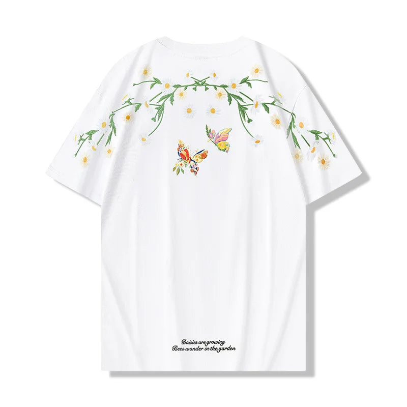 Men's Guochao short-sleeved Butterfly Embroidery Round Neck Cotton T-Shirt