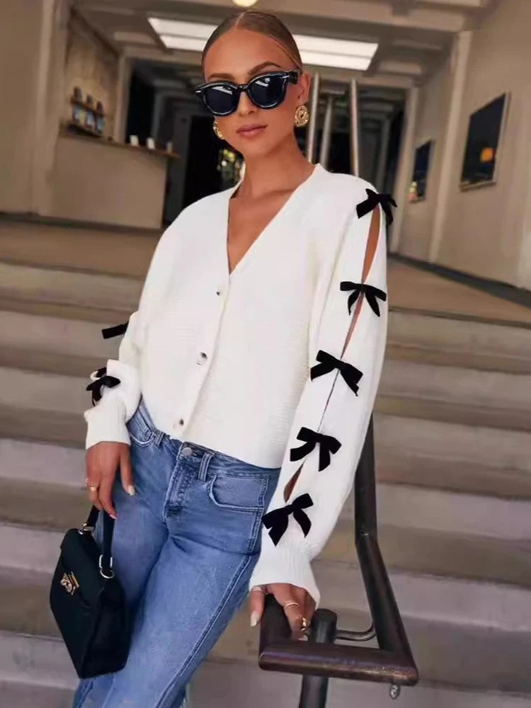 Women's  Cardigan V Neck Knitted Bows Coat Chic Splice Hollow Out Long Sleeve Outwear Sweater