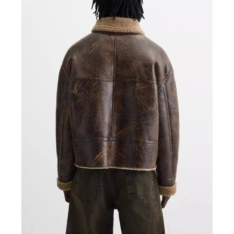 Men's Winter Lapel-Neck Jacket - Double-Sided Lamb Wool with Suede Piping