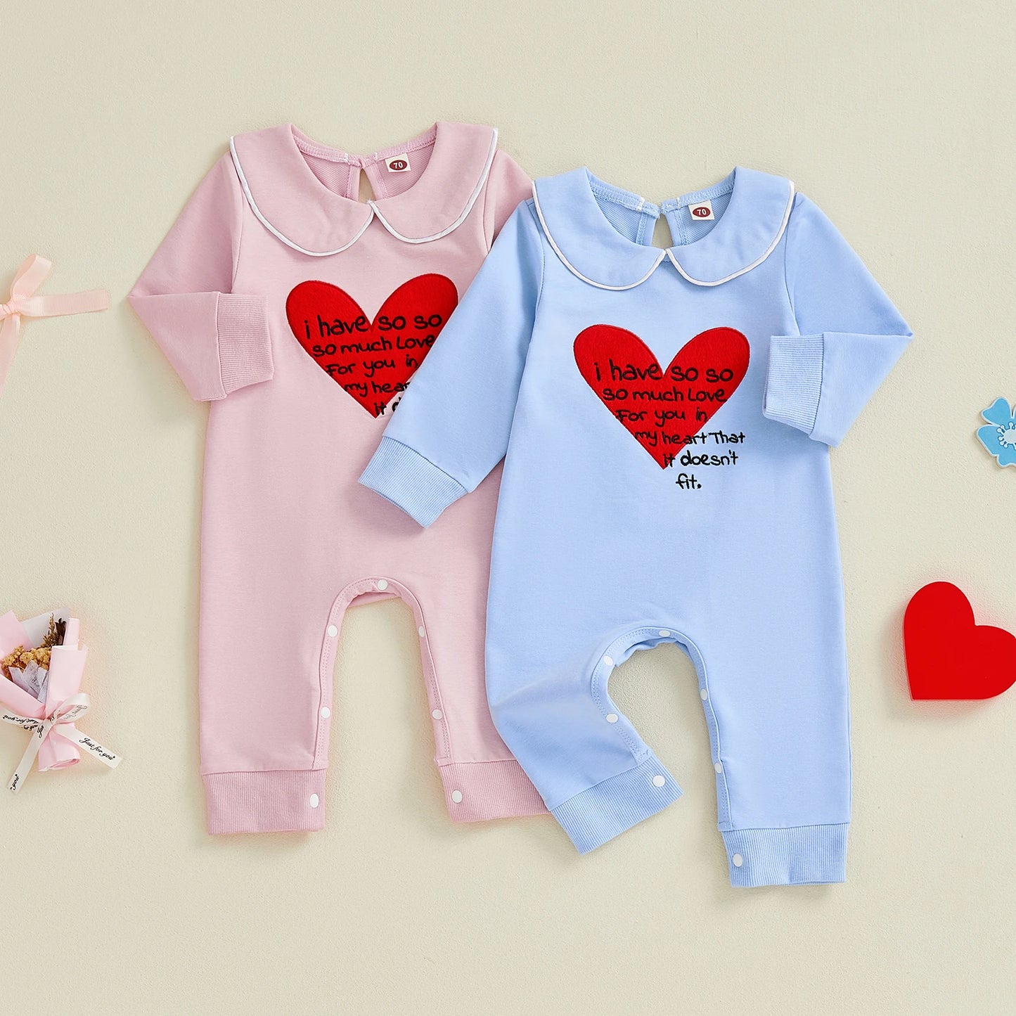 Lovely Baby Valentine's Day Romper - Heart Embroidery Long Sleeve Doll Collar Jumpsuit