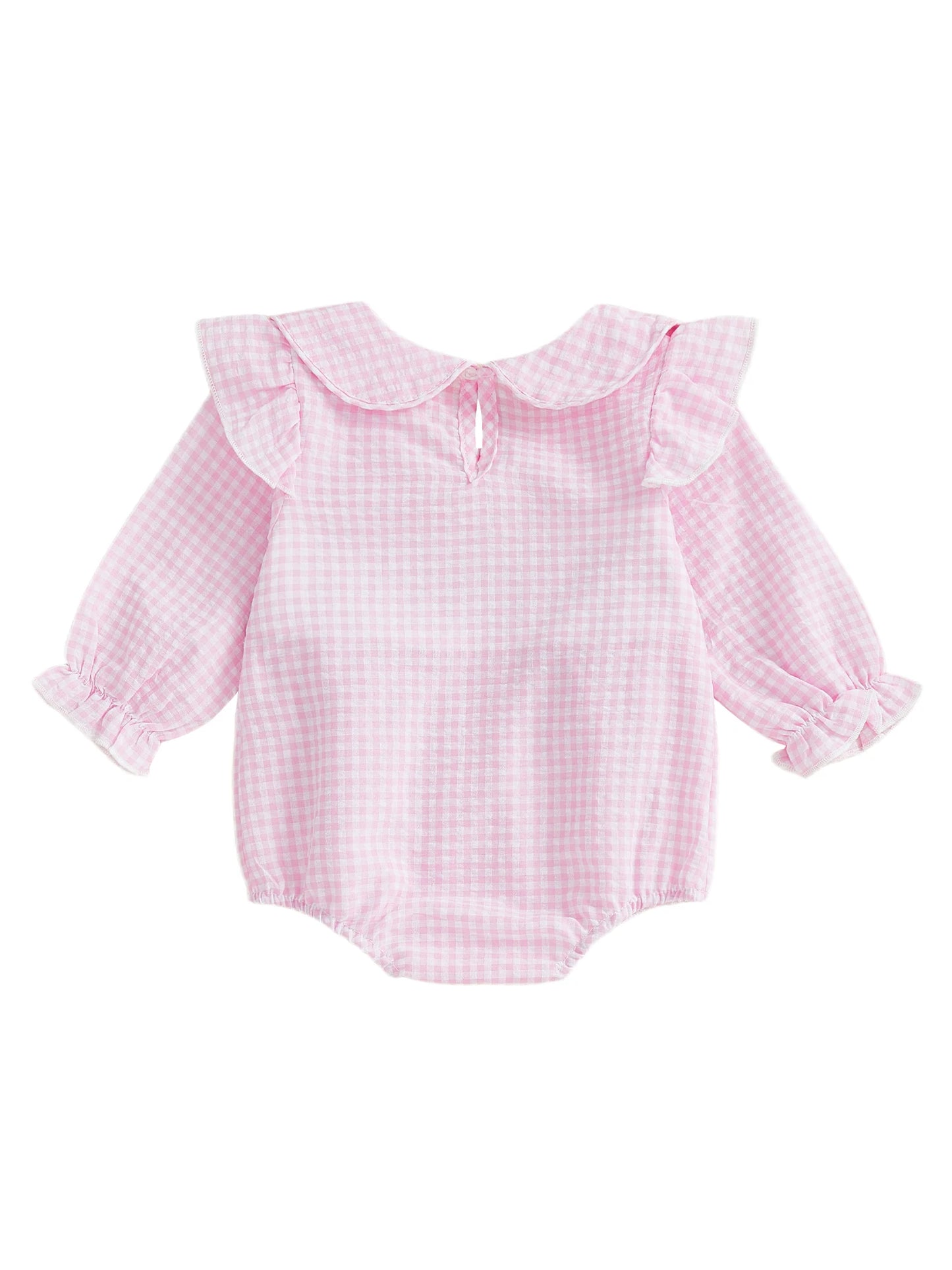 Baby Girls Valentine's Romper - Plaid Embroidered Ruffled Doll Neck Jumpsuit 0-18M