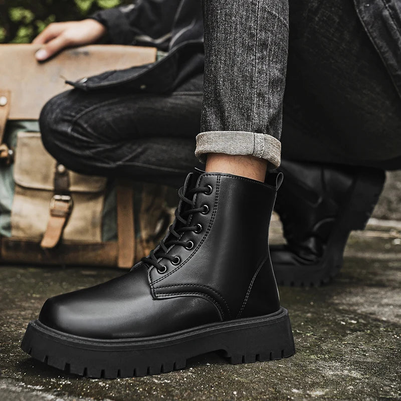 Men's Leather Platform Boots - Thick Sole Motorcycle Sneaker Boots