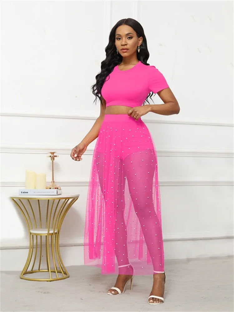 Women's Three-piece Skirt Set, Short Sleeve Crop Top & Shorts & A-line Illusion Beaded Skirt Outfit