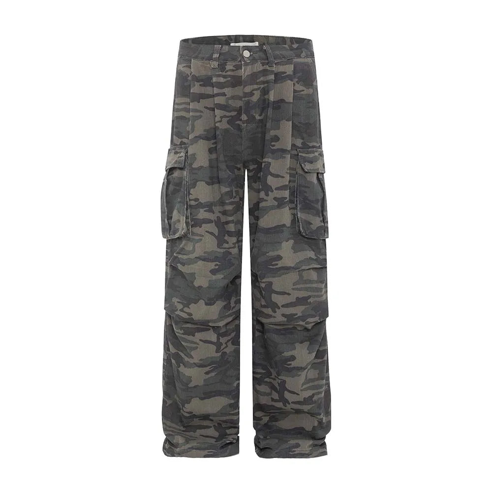 Men's Vintage Multi-pocket Pleated Camouflage Overalls Camo Colossus Baggy Pants