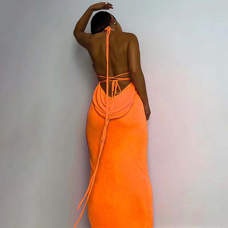 Women's Halter Backless Draped Maxi Dress - Long Straps Shift Dress