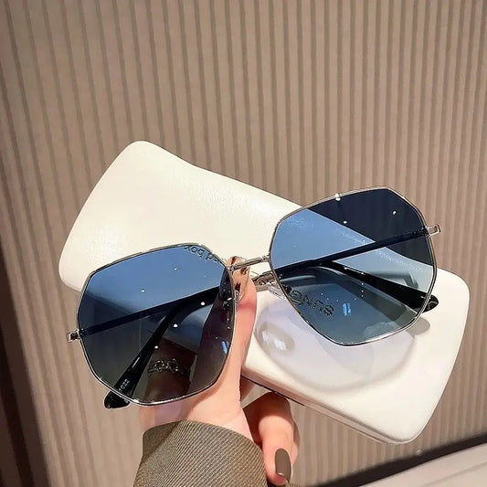 Unisex Transparent Blue Sunglasses - Large Frame Polygonal Metal Eyewear