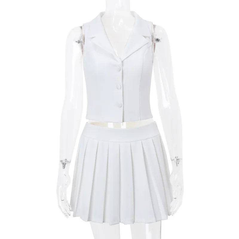 Elegant White Two Piece Sets - Women's Outfits V Neck Top and Pleated Skirt Coquette Matching Sets