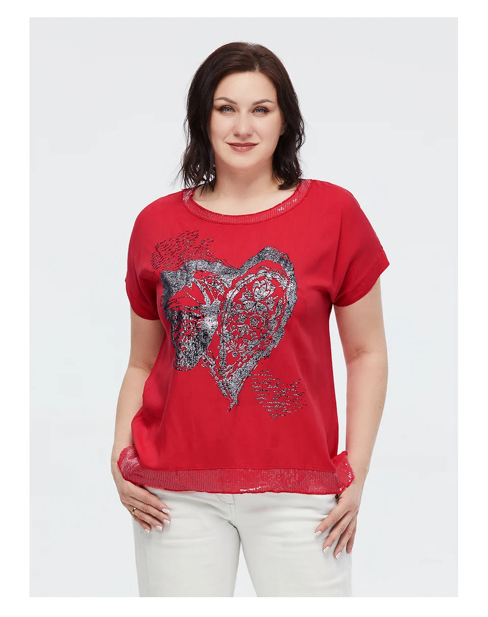 Women's Oversized Short Sleeve Sequin Print Cotton Top