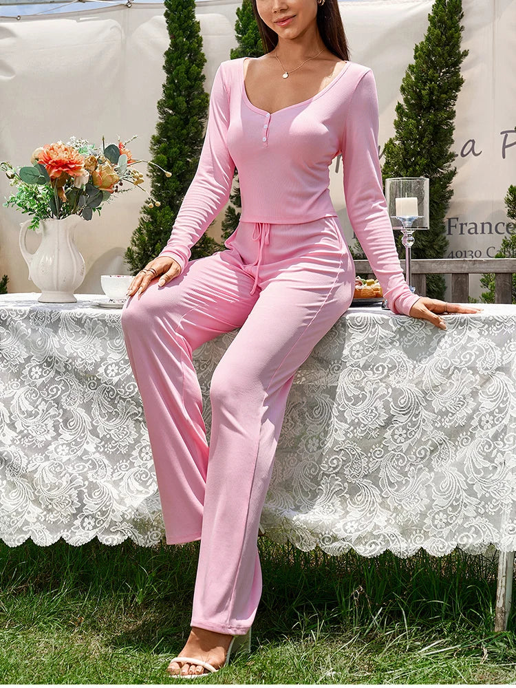 Women's Autumn Two-Piece Set - Long Sleeve T-Shirt & Straight Pants