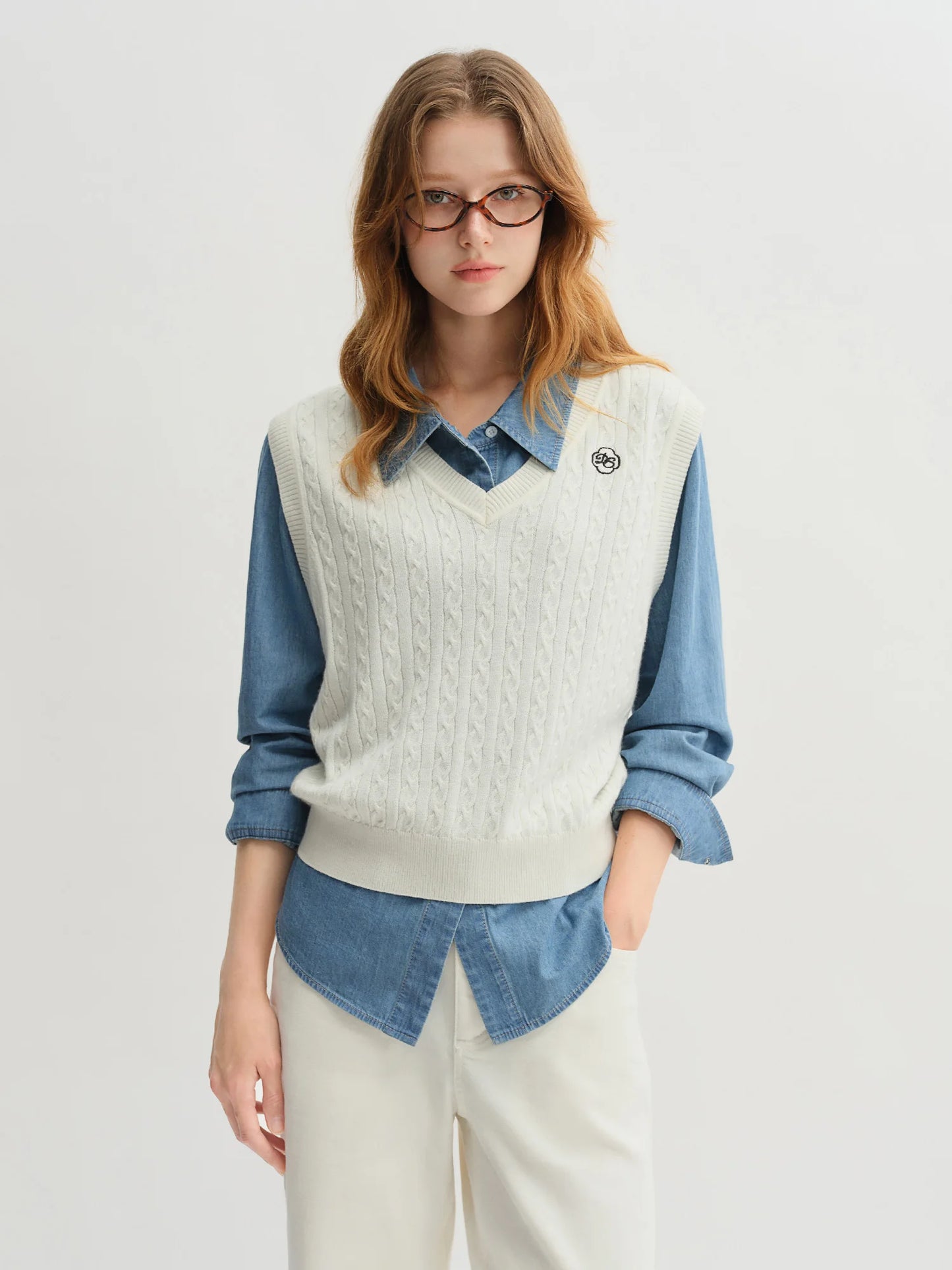 Cable Knit Vest - White V-Neck Sleeveless Pullover