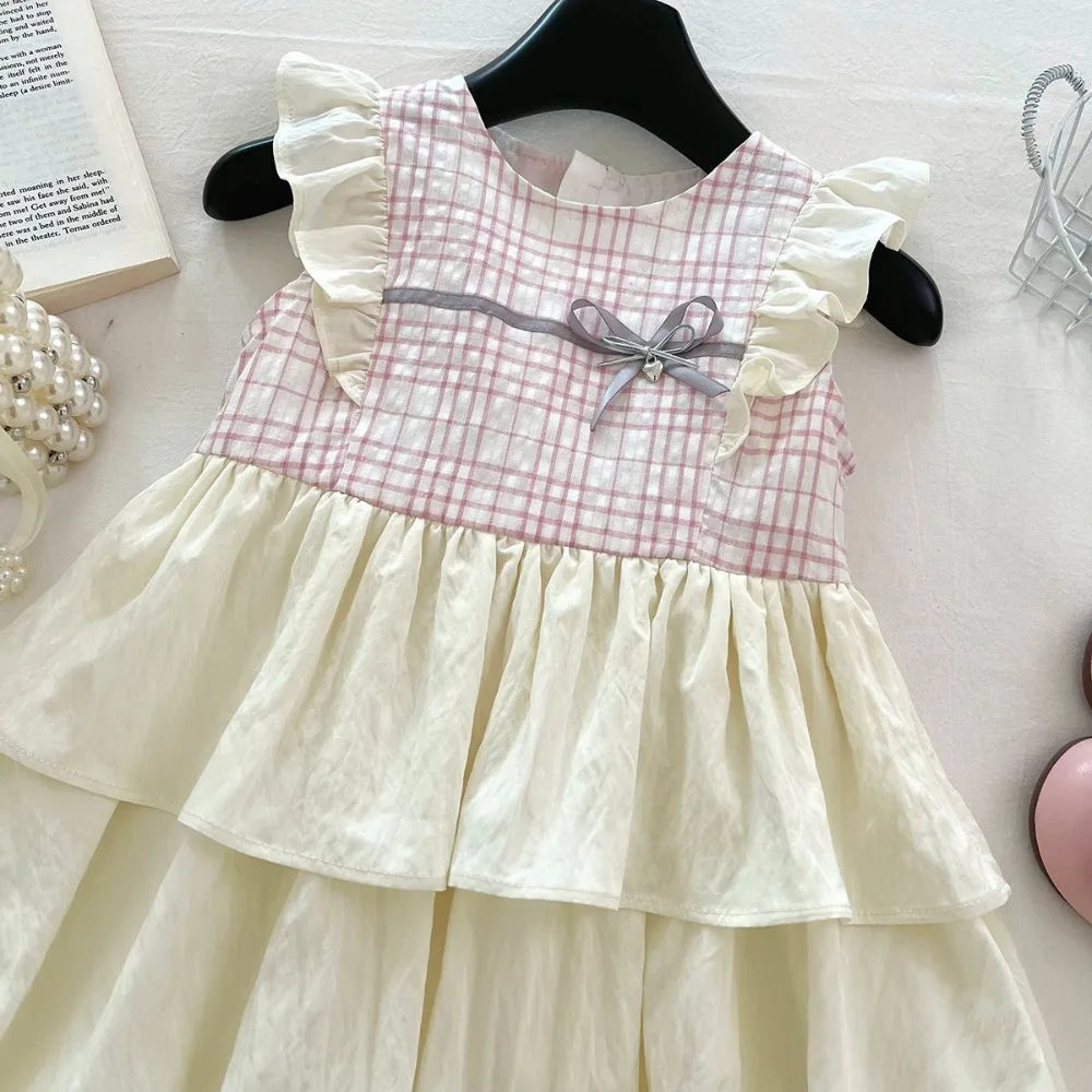 Girl's Summer Round Neck Flying Sleeve Bow Grid Splicing Dress 3-6 years