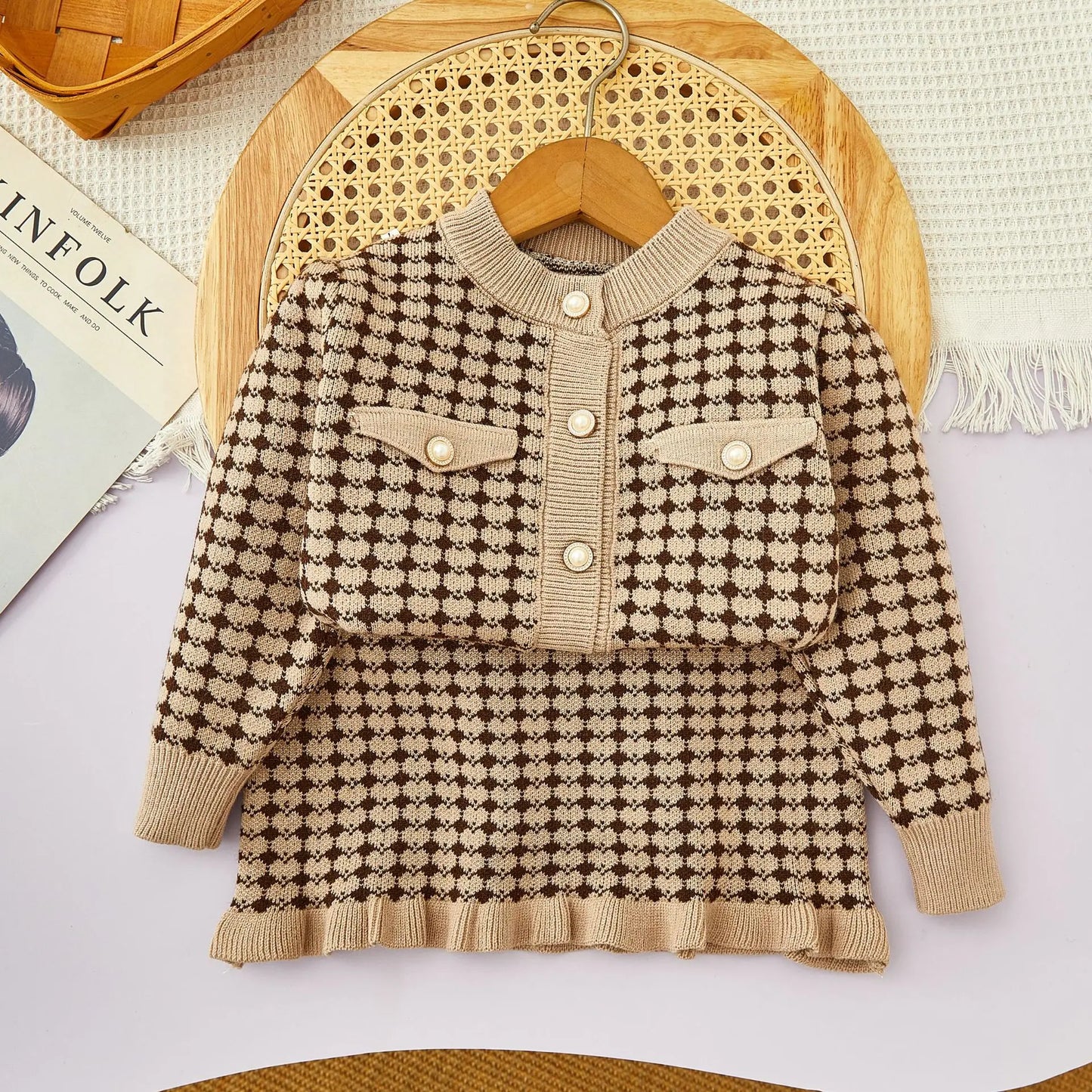 Girls Winter Knitted Cardigan & Skirt Set – Checkered Plaid