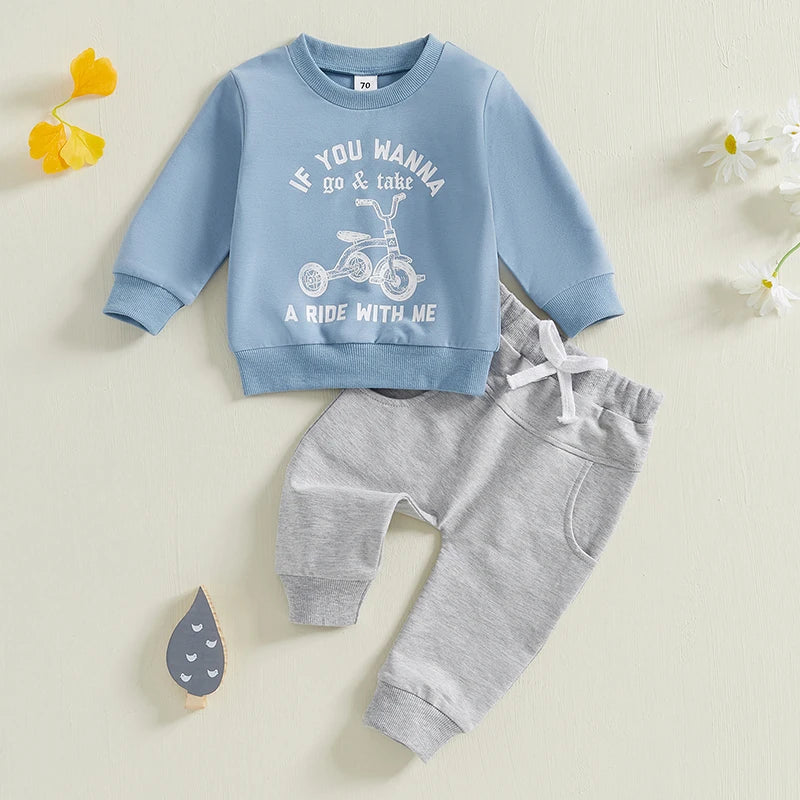 0-3Y Toddler Baby Boys Letter Print Long Sleeve Crew Neck Sweatshirts with Solid Pants Set