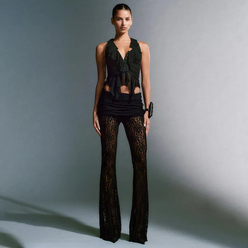 Women's Hollow Out Lace Sheer Flare  Trousers