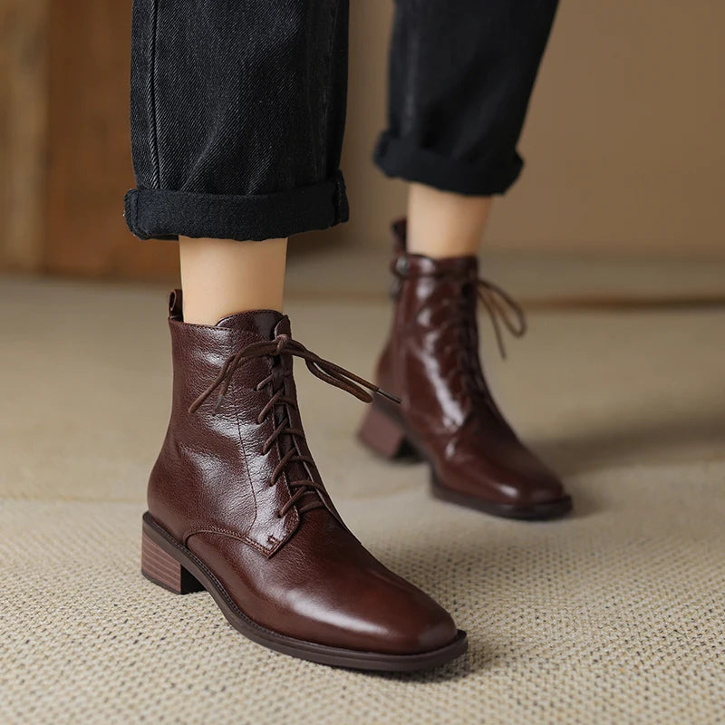 Women's Ankle Boots Winter Genuine Leather Women Boots Chelsea Boots Women Shoes Real Leather Shoes Retro Platform Boots