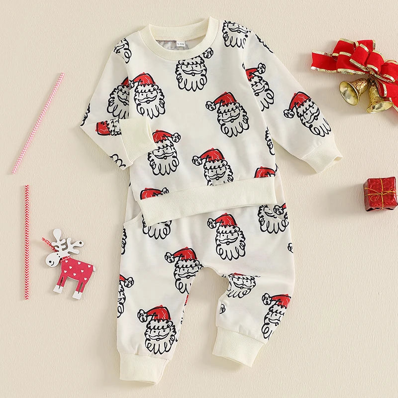 0-4Y Kids Boys Christmas Clothes Sets Outfit Santa Claus Print Long Sleeve Sweatshirt and Elastic Waist Pants