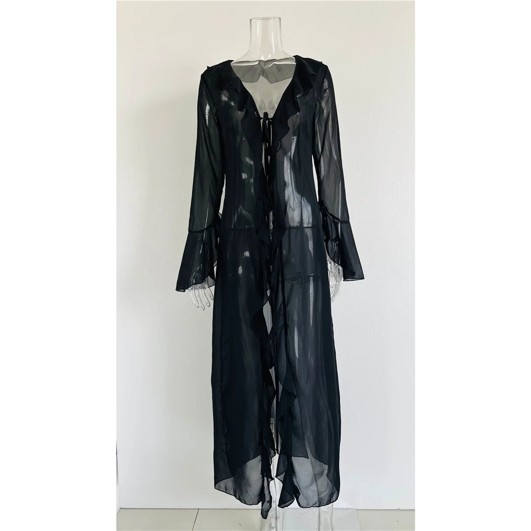 V Neck Ruffled Long Sleeve Chiffon Beach Cover Up Dress