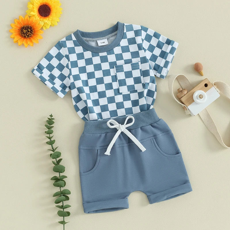 2pcs Toddler Baby Boys Clothes Set 0-3Y Short Sleeve Plaid Print Pocket T-shirt with Shorts Summer Outfit