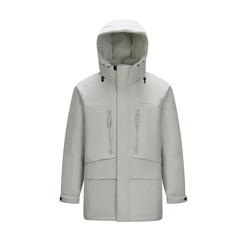 Mid-Length Down Jacket - Men's Color Block Hooded Winter Coat