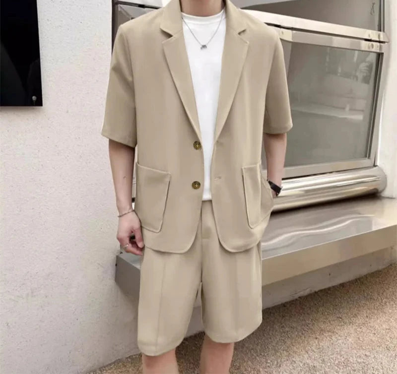 Men's Lapel Short Sleeve Blazer & Shorts Two Pieces Set Suit