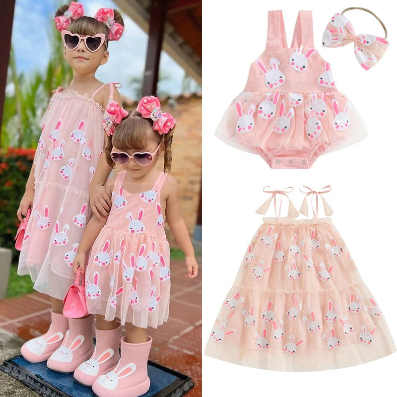 0-7Y Baby Girls Easter Sleeveless Dress/Romper Tie-Up Spaghetti Strap Sequin Rabbit Pattern Tulle A-Line Dress