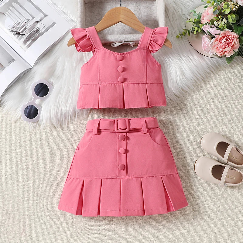 1-6Y Girls Summer Fashion Clothes Sets -  Ruffles Fly Sleeve Solid Tops Elastic Waist Pleated Mini Skirt with Belt