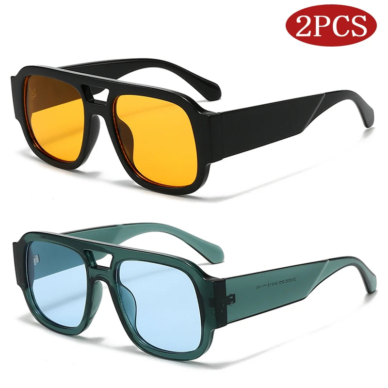 2-Piece Square Sunglasses Set - Large Frame Double Bridge Retro Style