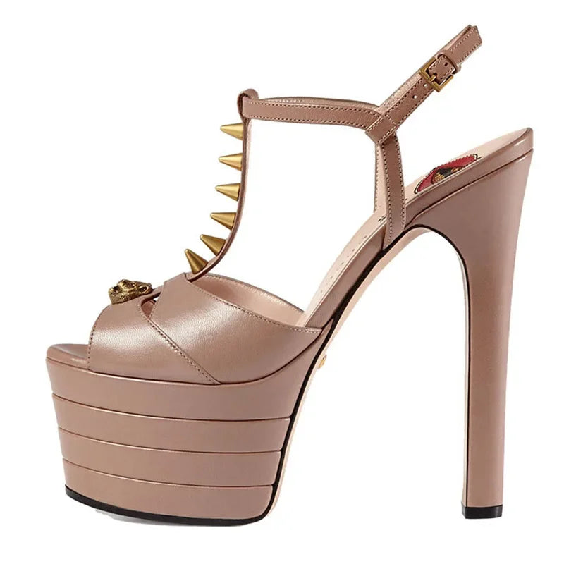 Women's Leather Platform Sandals - Wedge Heel Rivet T-Strap Sandals