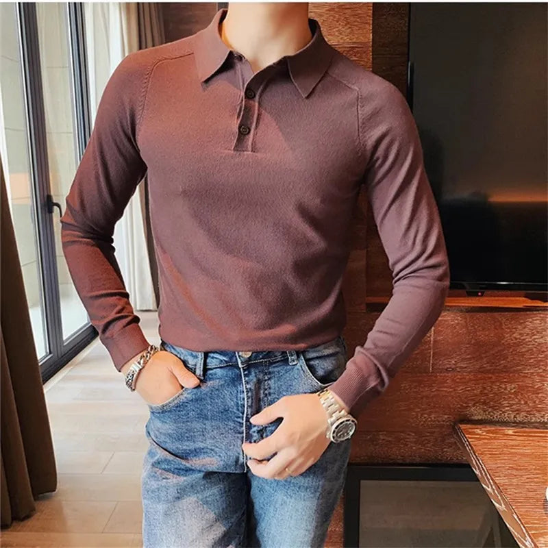 Slim Fit Knitted Polo Shirt - Long Sleeve Solid Turn Down Collar