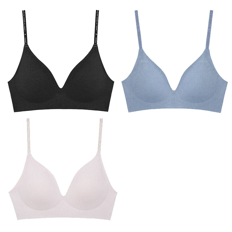 Women's 3/5Pcs/set Wireless Bra Deep V Padded Bralette Stripe Knitting Bras