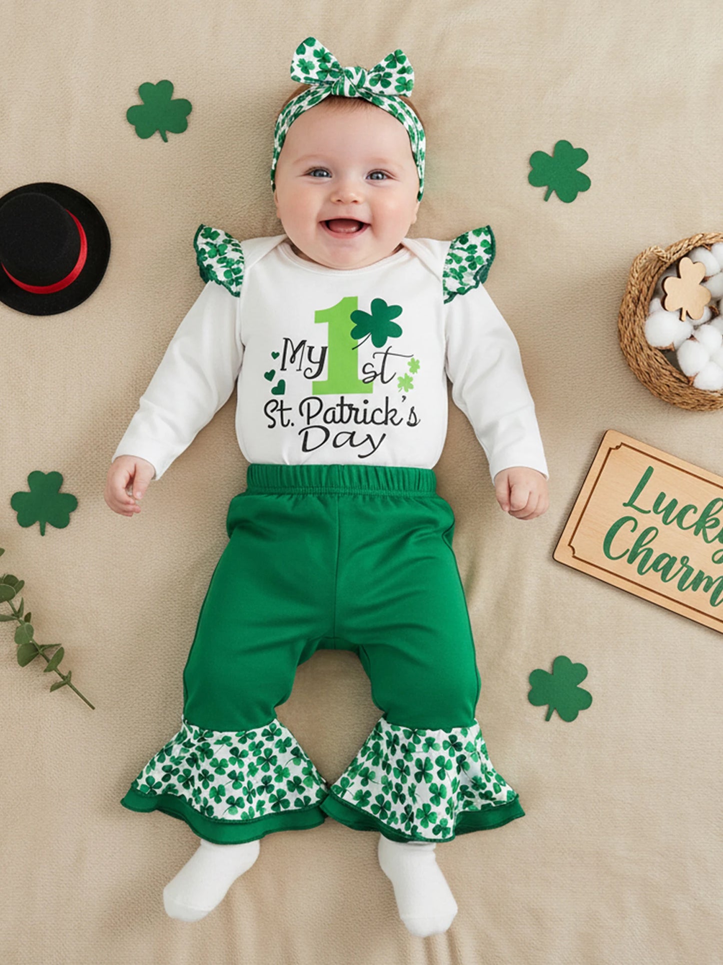 Baby Girls Boys Clover Print Outfit Set - Long Sleeve Romper with Flare Pants & Headband 0-18M