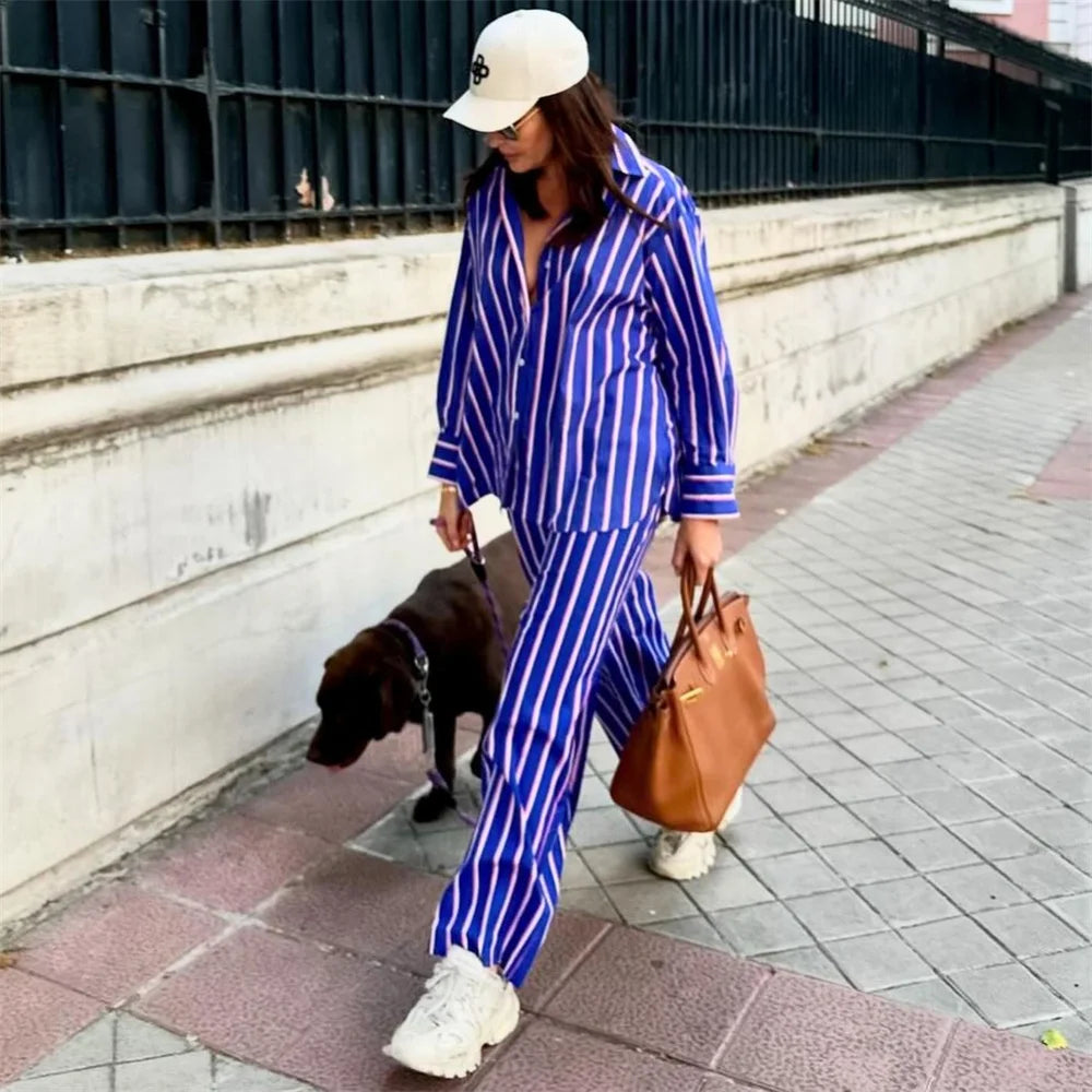 Summer Women's New Fashion Casual Long Sleeved Striped Loose Shirt High Waisted Long Pants Set