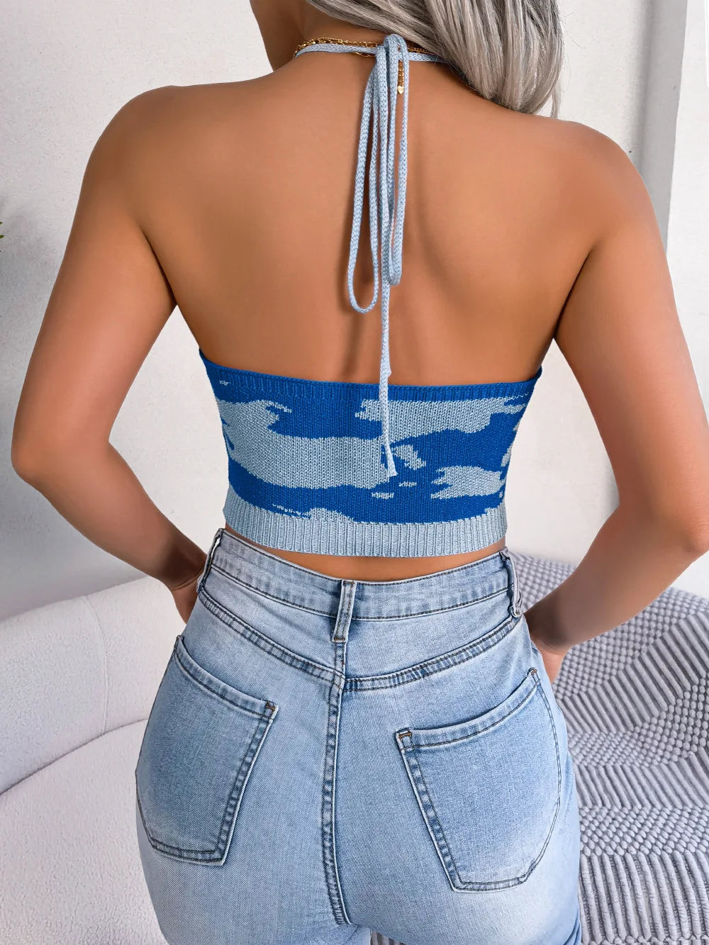 Women's Spring Summer  Halter Cow Pattern Waist Strap Open Navel Knit Tank Top