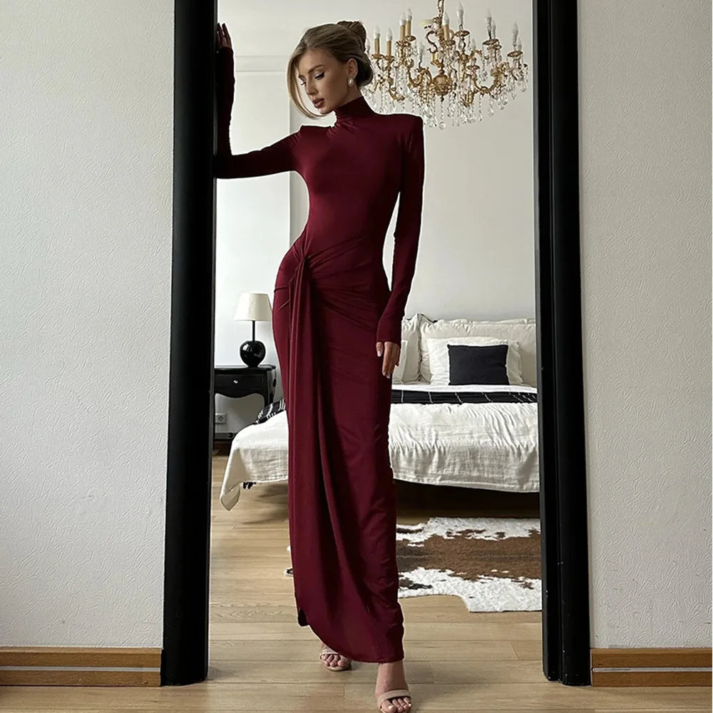 Women's Long Sleeve Turtleneck Maxi Ruched Side Split Bodycon Dress