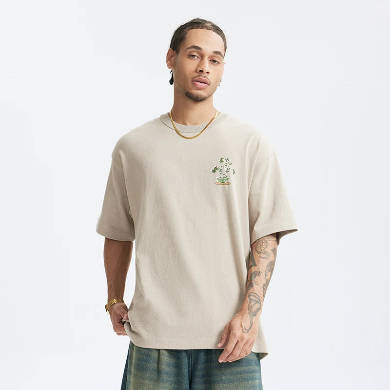 Men's 250G Green Plant Crack Print Retro Street Style Heavyweight Casual Short Sleeve T-Shirt