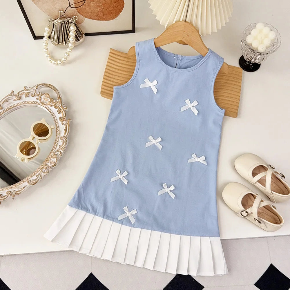 Girl's Summer Casual Round Neck Bow Sleeveless Princess Dress
