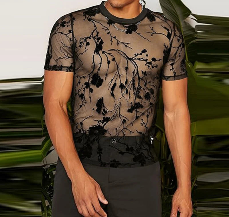 Men's Mesh Striped Round Neck Short Sleeve Transparent T-Shirt