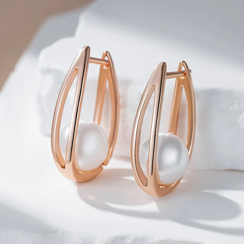 Women's 585 Rose Gold Colour Geometric Glossy Pearl Dangle Earrings