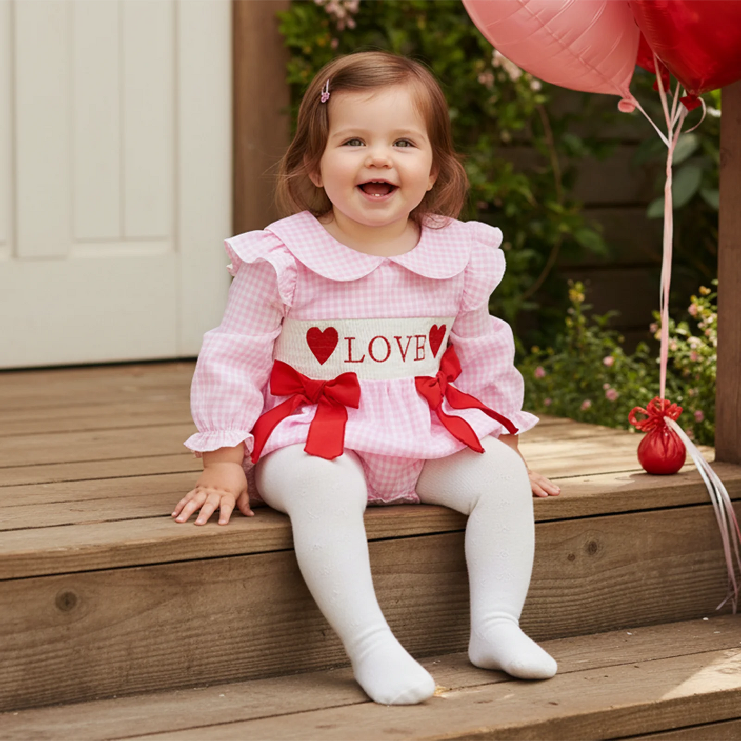 Baby Girls Valentine's Romper - Plaid Embroidered Ruffled Doll Neck Jumpsuit 0-18M