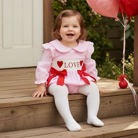 Baby Girls Valentine's Romper - Plaid Embroidered Ruffled Doll Neck Jumpsuit 0-18M