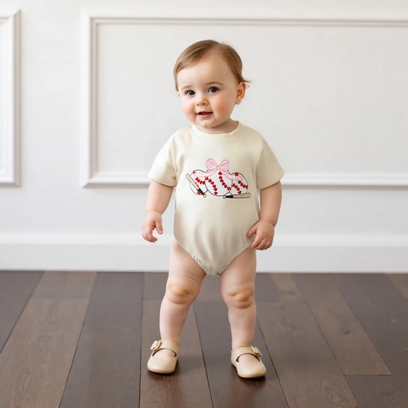Baby Girls Boys Summer Romper Short Sleeve Round Neck Bow Baseball Embroidery Bodysuit Jumpsuit Babygrow