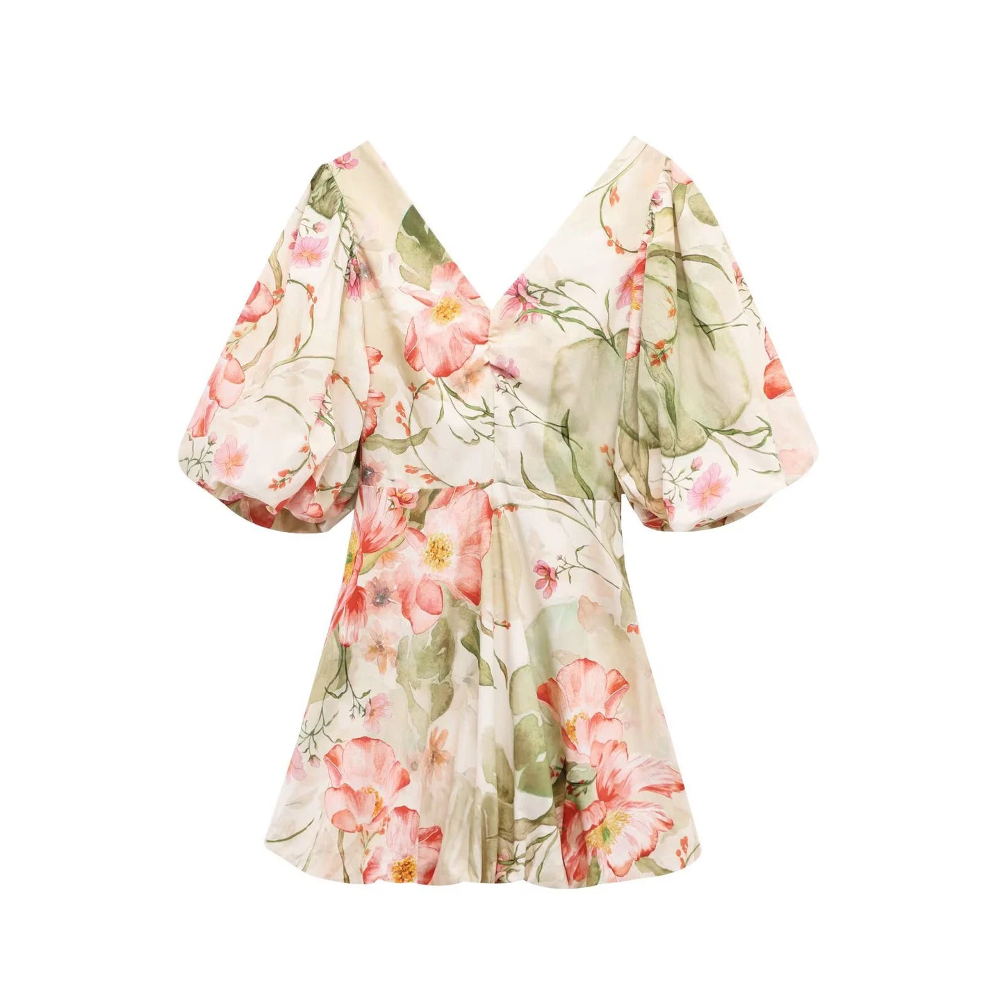 Women's Elegant V-Neck Summer Dress - Bubble Sleeves Waist Cinching Fluffy Skirt