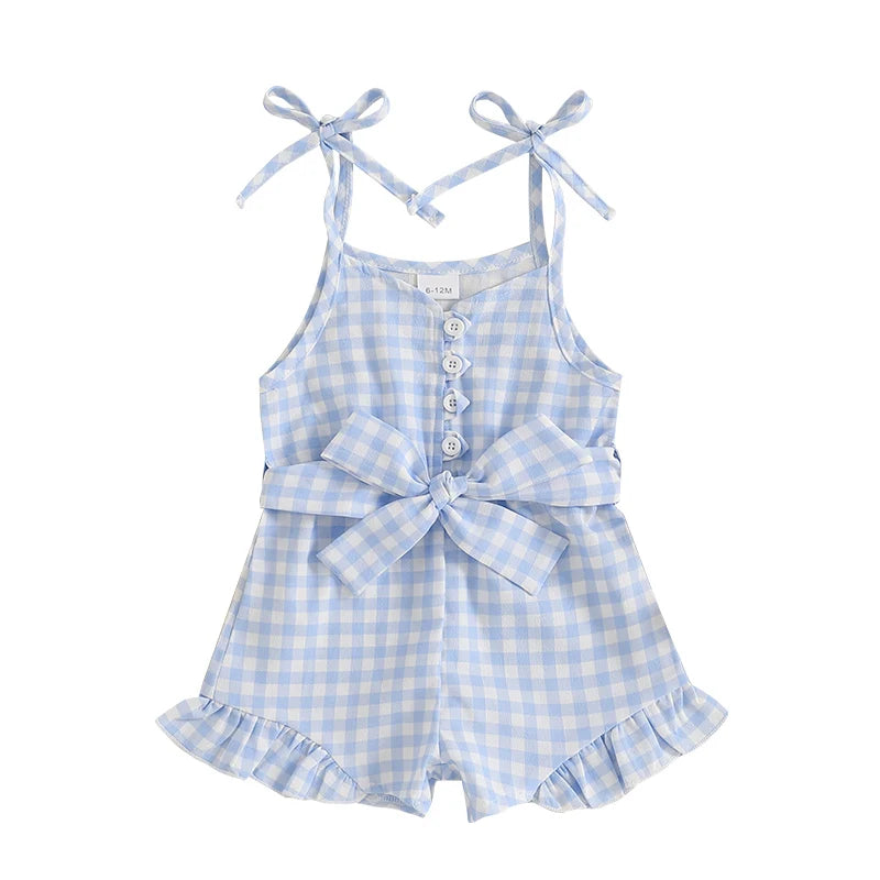 1-5Y Kids Girls Summer Jumpsuit Plaid Print Sleeveless Button Up Ruffle Trim Overalls with Belt