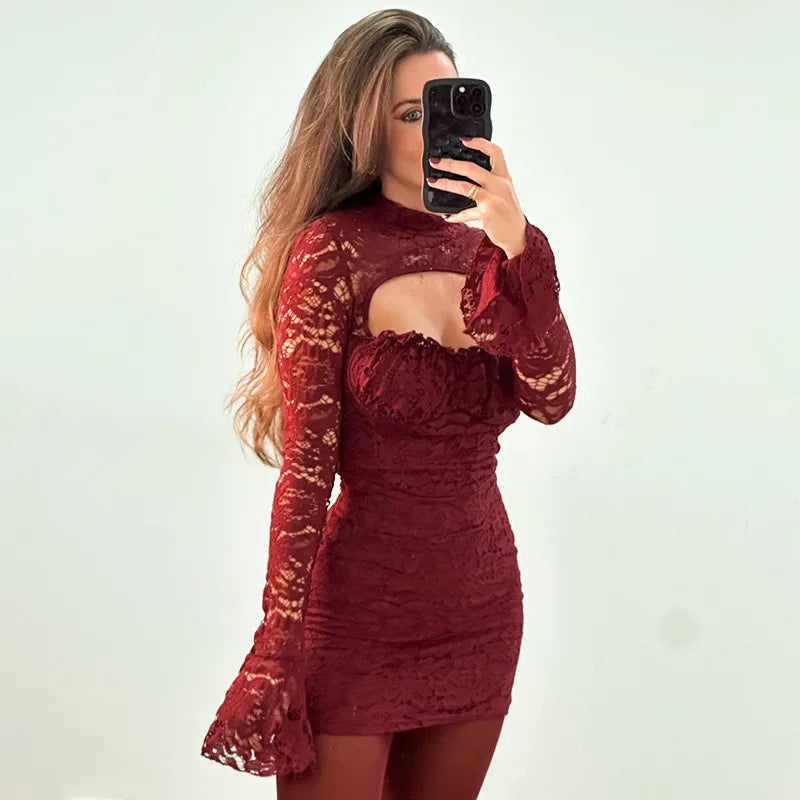 Women's Lace Splice Chest Hollow Dress Women's Tight Waist  Flare Sleeve Mini Dress  Outfit