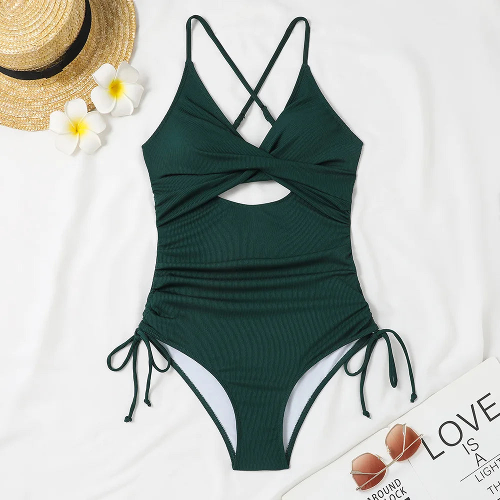 Women's Cut Out Halter One Piece Swimsuit Drawstring Swimwear